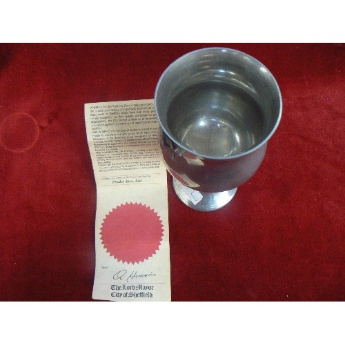 138C - A PEWTER MASONIC WINE GOBLET BY PINDER BROTHERS SHEFFIELD, WITH A CERTIFICATE