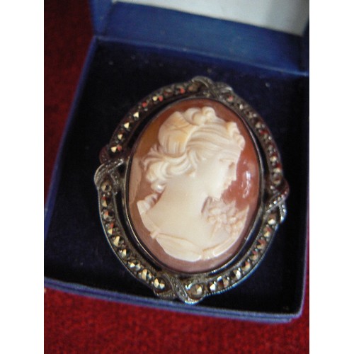 96 - A VINTAGE SOLID SILVER AND MARCASITE, SHELL CAMEO BROOCH PENDANT