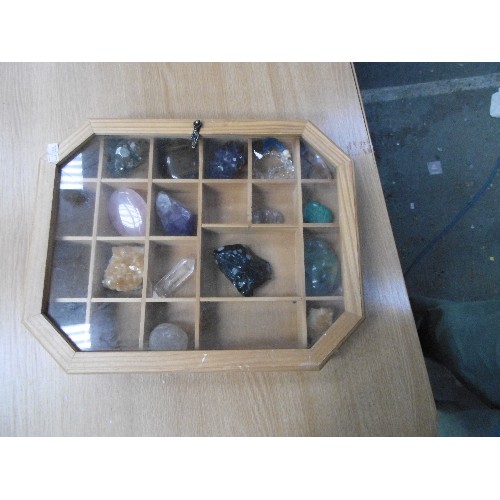 145 - OCTAGONAL BOX WITH CONTENTS OF CRYSTALS & ROCKS, NATURAL AND POLISHED. INCLUDES ROSE QUARTZ, AMETHYS... 