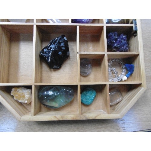 145 - OCTAGONAL BOX WITH CONTENTS OF CRYSTALS & ROCKS, NATURAL AND POLISHED. INCLUDES ROSE QUARTZ, AMETHYS... 