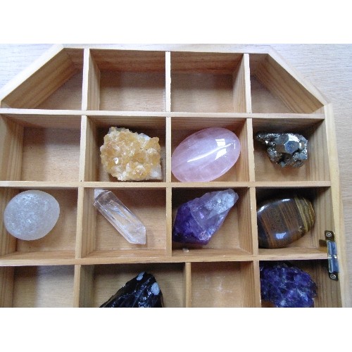 145 - OCTAGONAL BOX WITH CONTENTS OF CRYSTALS & ROCKS, NATURAL AND POLISHED. INCLUDES ROSE QUARTZ, AMETHYS... 