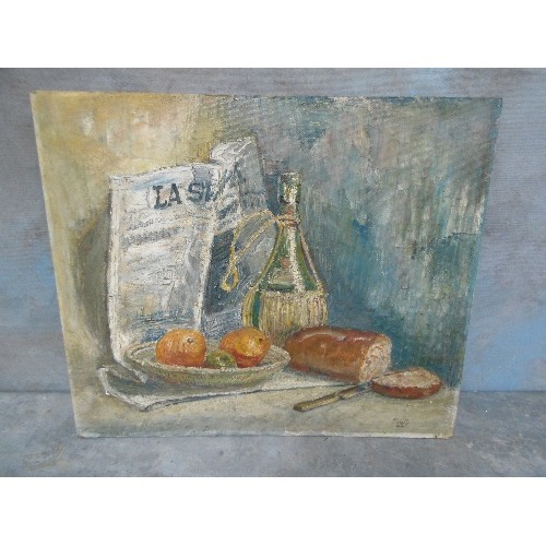 154B - A STILL LIFE OF A WINE BOTTLE, NEWSPAPER, BREAD AND FRUIT BY SCOTTISH ARTIST MARK G MITCHELL, DATED ... 