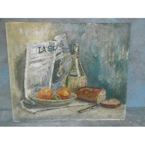 154B - A STILL LIFE OF A WINE BOTTLE, NEWSPAPER, BREAD AND FRUIT BY SCOTTISH ARTIST MARK G MITCHELL, DATED ... 