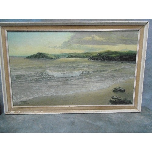 154E - A LARGE OIL PAINTING ON BOARD OF A COASTAL SCENE WITH WAVES BREAKING ON THE BEACH. DATED 1963, NO VI... 