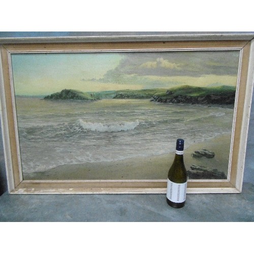 154E - A LARGE OIL PAINTING ON BOARD OF A COASTAL SCENE WITH WAVES BREAKING ON THE BEACH. DATED 1963, NO VI... 