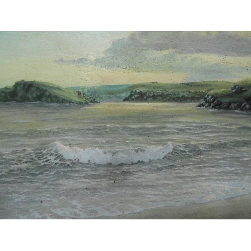 154E - A LARGE OIL PAINTING ON BOARD OF A COASTAL SCENE WITH WAVES BREAKING ON THE BEACH. DATED 1963, NO VI... 