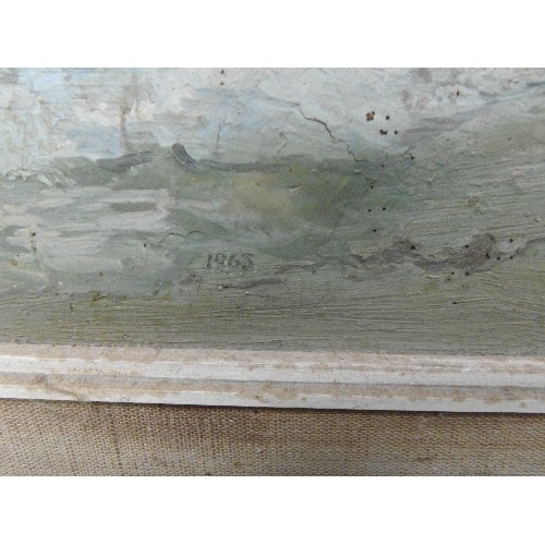 154E - A LARGE OIL PAINTING ON BOARD OF A COASTAL SCENE WITH WAVES BREAKING ON THE BEACH. DATED 1963, NO VI... 