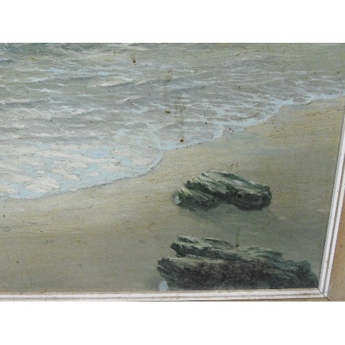 154E - A LARGE OIL PAINTING ON BOARD OF A COASTAL SCENE WITH WAVES BREAKING ON THE BEACH. DATED 1963, NO VI... 