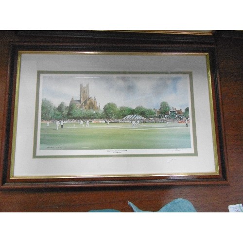 340 - FOUR FRAMED CRICKETING PRINTS, ALL SIGNED IN THE MARGIN BY THE ARTIST 