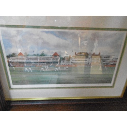 340 - FOUR FRAMED CRICKETING PRINTS, ALL SIGNED IN THE MARGIN BY THE ARTIST 