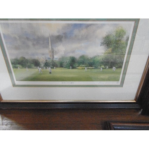 340 - FOUR FRAMED CRICKETING PRINTS, ALL SIGNED IN THE MARGIN BY THE ARTIST 