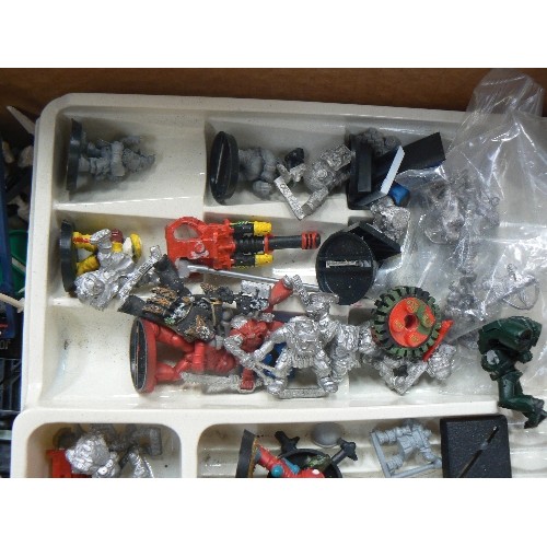 369J - BOX OF WARHAMMER MODELS - SOME MADE UP AND PAINTED , STICKERS ETC