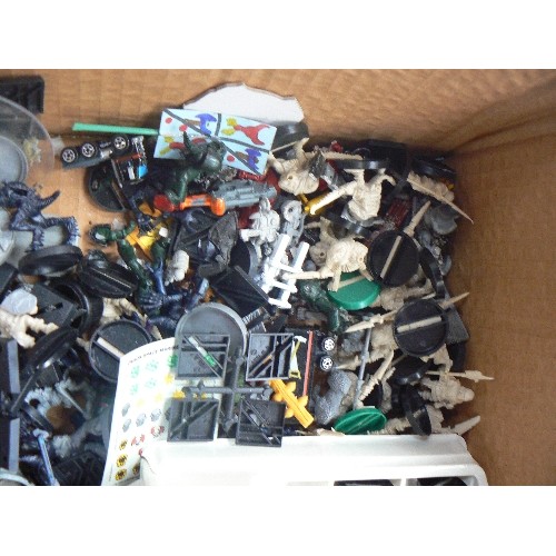 369J - BOX OF WARHAMMER MODELS - SOME MADE UP AND PAINTED , STICKERS ETC