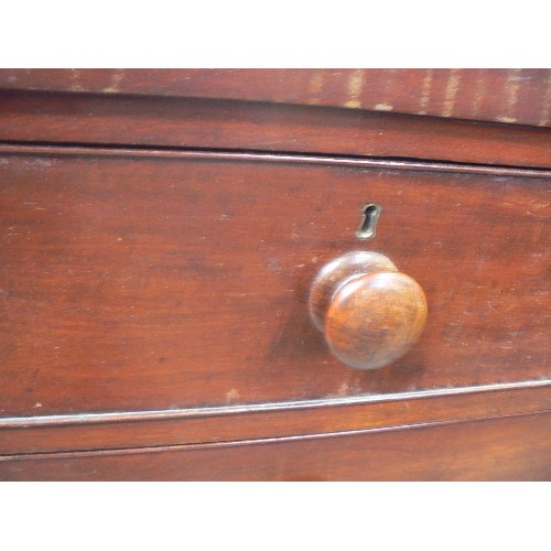 398 - VICTORIAN MAHOGANY TWO OVER THREE CHEST OF DRAWERS WITH ORIGINAL TURNED KNOBS. ONE LEG IS OFF BUT IN... 