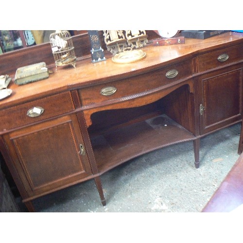 377 - EARLY 20TH CENTURY MAHOGANY SIDEBOARD WITH SATINWOOD BANDING RAISED ON SIX SPADE FEET - UPSTAND WITH... 