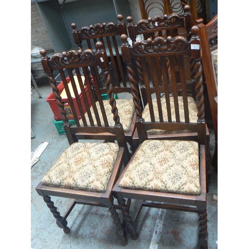 428 - SET OF FOUR JABOBEAN STYLE OAK DINING CHAIRS WITH BARLEY TWIST LEGS AND BACK RAILS - CARVED TOP PANE... 