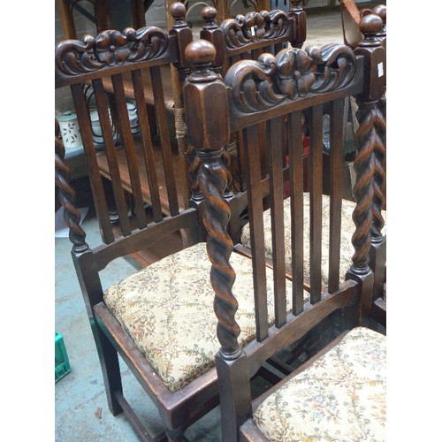 428 - SET OF FOUR JABOBEAN STYLE OAK DINING CHAIRS WITH BARLEY TWIST LEGS AND BACK RAILS - CARVED TOP PANE... 