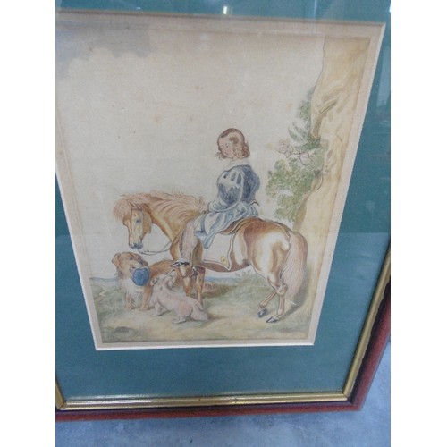 168A - AN ORIGINAL VICTORIAN WATERCOLOUR OF A GIRL ON HER PONY WITH DOGS. SIGNED 