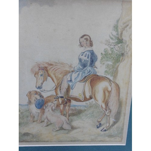 168A - AN ORIGINAL VICTORIAN WATERCOLOUR OF A GIRL ON HER PONY WITH DOGS. SIGNED 