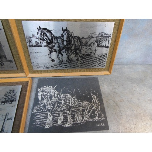 193 - THREE VINTAGE PRINTS OF WORKING HORSES ON STAINLESS STEEL PLATES BY OMICWAYS LTD, BUDE, CORNWALL - F... 