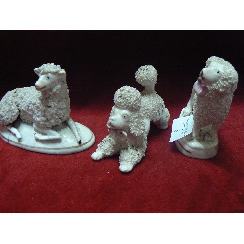 6 - AN EARLY 19TH CENTURY STAFFORDSHIRE POODLE (99CM H) AND A SHEEP (8CM H). ALSO A 1960'S PORCELAIN POO... 