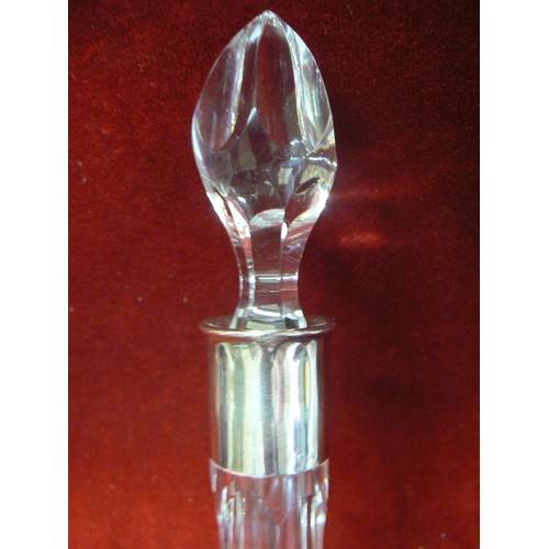 70 - A VERY ELEGANT CRYSTAL SHERRY DECANTER ETCHED WITH FRUITING VINES AND WITH AN 800 SILVER COLLAR