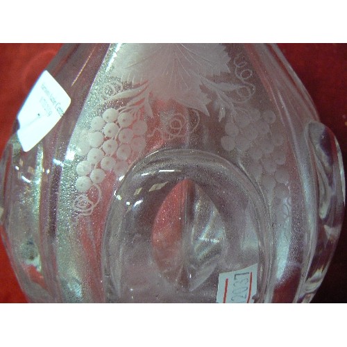 71 - A VICTORIAN CUT GLASS WINE DECANTER FINELY ETCHED WITH FRUITING VINES. ORIGINAL STOPPER WITH SOME NI... 