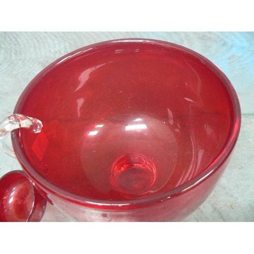 79 - A VERY HEAVY MID CENTURY WHITEFRIARS RED GLASS PUNCH BOWL AND LADLE, WITH USUAL GROUND PONTIL MARK T... 