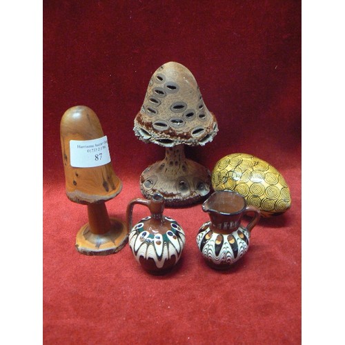 87 - CARVED MUSHROOMS, RUSSIAN DOLL AND TINY BAVARIAN JUGS.