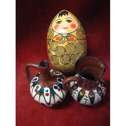 87 - CARVED MUSHROOMS, RUSSIAN DOLL AND TINY BAVARIAN JUGS.