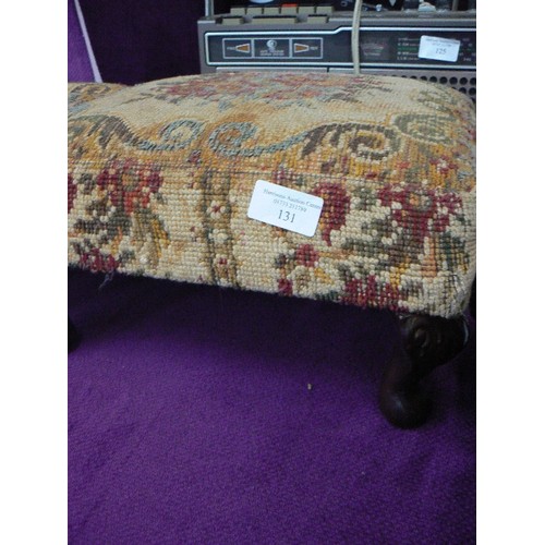 131 - 2 X VINTAGE TAPESTRY FOOTSTOOLS. SQUARE. SHORT CABRIOLE LEGS.