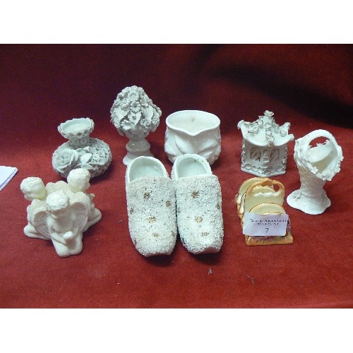 7 - A COLLECTION OF VICTORIAN AND LATER WHITE CHINA. INCLUDES A PARIAN ORNAMENT WITH THREE WINGED CHERUB... 