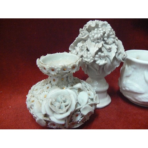 7 - A COLLECTION OF VICTORIAN AND LATER WHITE CHINA. INCLUDES A PARIAN ORNAMENT WITH THREE WINGED CHERUB... 