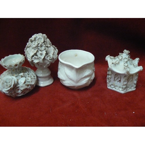 7 - A COLLECTION OF VICTORIAN AND LATER WHITE CHINA. INCLUDES A PARIAN ORNAMENT WITH THREE WINGED CHERUB... 