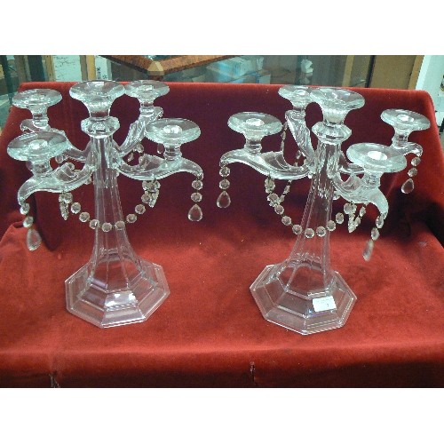 77 - A GOOD PAIR OF EARLY TO MID 20TH CENTURY PRESSED GLASS 5 BRANCH CANDELABRAS WITH CRYSTAL DROPS - 36C... 