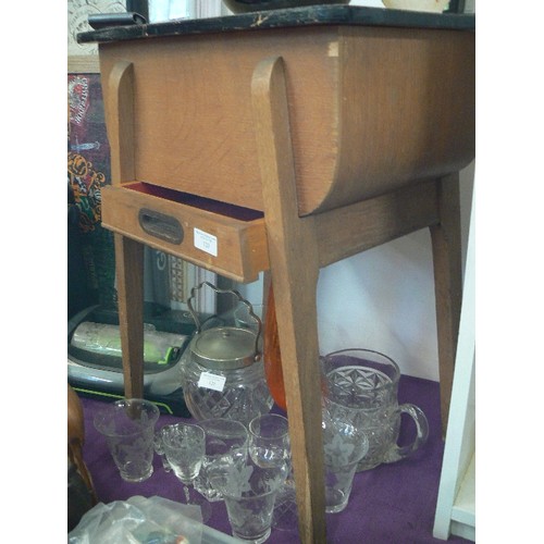 120 - UNUSUAL VINTAGE SEWING BOX ON TAPERED LEGS.