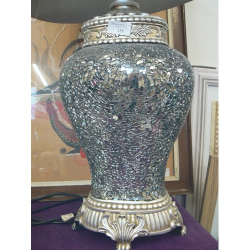 135 - ORNATE CRACKLE-MIRROR TABLE LAMP BASE, WITH GREY SHADE.