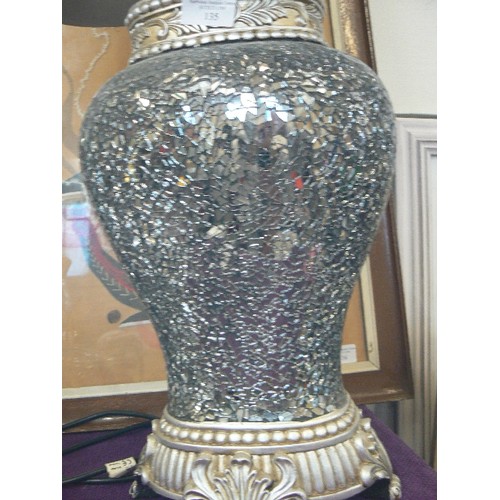 135 - ORNATE CRACKLE-MIRROR TABLE LAMP BASE, WITH GREY SHADE.