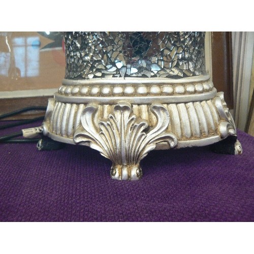 135 - ORNATE CRACKLE-MIRROR TABLE LAMP BASE, WITH GREY SHADE.