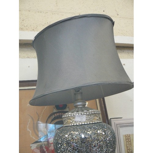 135 - ORNATE CRACKLE-MIRROR TABLE LAMP BASE, WITH GREY SHADE.