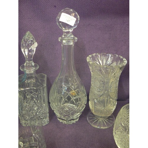 147 - COLLECTION OF CUT-GLASS/CRYSTAL DECANTERS, VASES AND DRINKING GLASSES. ALSO AN AYNSLEY SHELL DISH, A... 