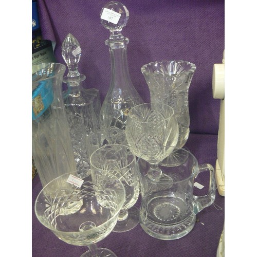 147 - COLLECTION OF CUT-GLASS/CRYSTAL DECANTERS, VASES AND DRINKING GLASSES. ALSO AN AYNSLEY SHELL DISH, A... 