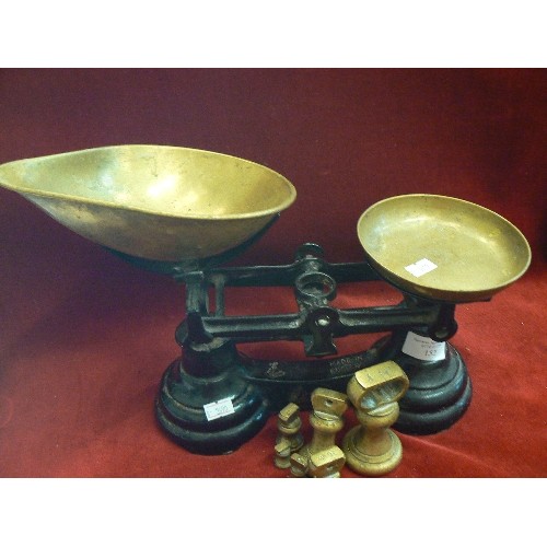 152 - VINTAGE LIBRASCO KITCHEN SCALES. WITH BRASS TARY, SCOOP AND SET OF BELL WEIGHTS.