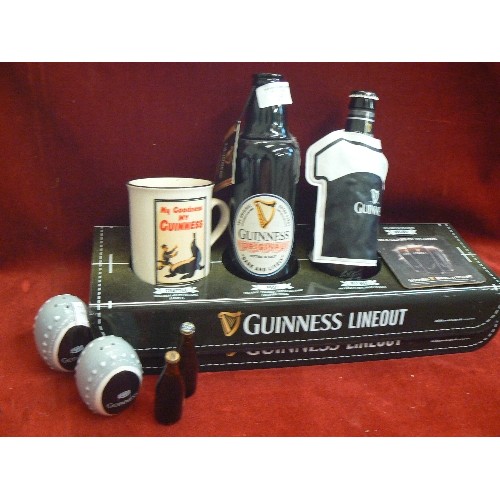 155 - COLLECTABLE GUINNESS ITEMS. INC LINEOUT TRAYS, MUG, MINIATURES, CRUET SET ETC.