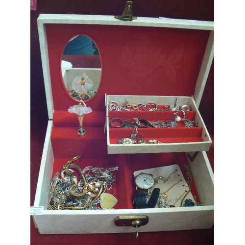 163 - JEWELLERY BOX CONTAINING COSTUME JEWELLERY. ALSO A MINIATURE 4 DRAWER JEWELLERY CHEST WITH CHICKEN D... 