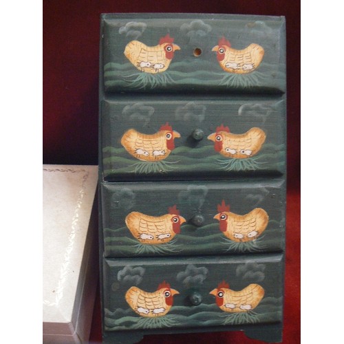 163 - JEWELLERY BOX CONTAINING COSTUME JEWELLERY. ALSO A MINIATURE 4 DRAWER JEWELLERY CHEST WITH CHICKEN D... 