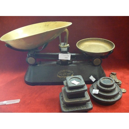 166 - VINTAGE CAST IRON KITCHEN WEIGH SCALES. FJ THORNTON 'THE VIKING' WITH BRASS TRAY, SCOOP, AND A SET O... 