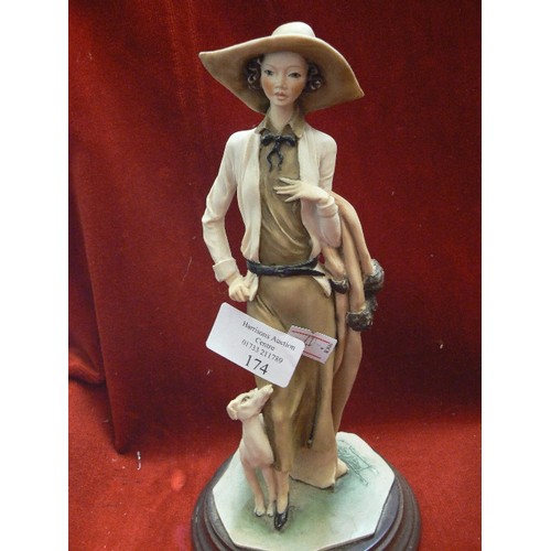 174 - PAIR OF ELEGANT ART DECO STYLE FIGURES. 1 WITH DOG, THE OTHER WITH PARASOL.