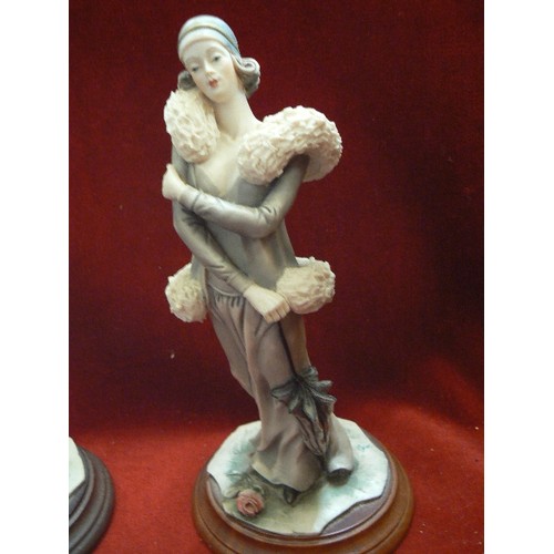 174 - PAIR OF ELEGANT ART DECO STYLE FIGURES. 1 WITH DOG, THE OTHER WITH PARASOL.