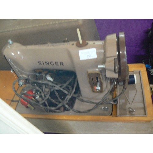 256 - RETRO VINTAGE SEWING MACHINE IN MUSHROOM COLOUR. WITH CARRY CASE.